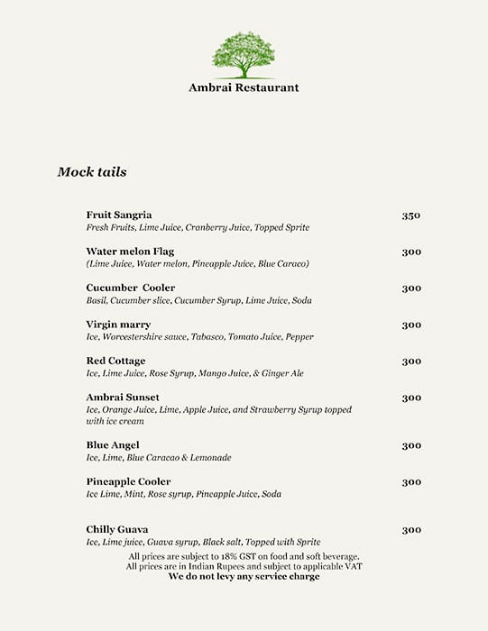 Ambrai Restaurant menu
