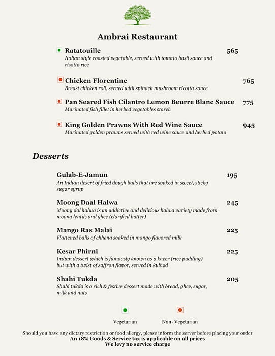 Ambrai Restaurant menu