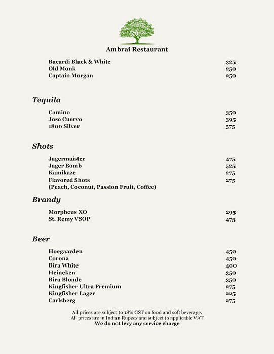 Ambrai Restaurant menu