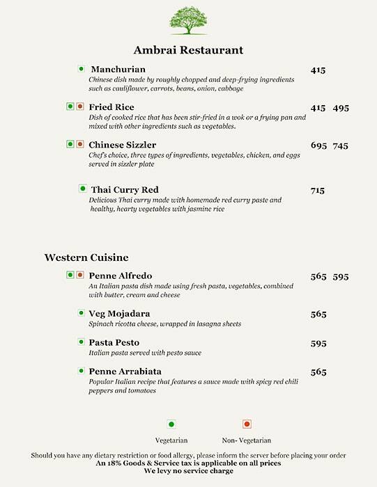 Ambrai Restaurant menu