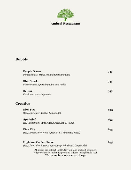 Ambrai Restaurant menu