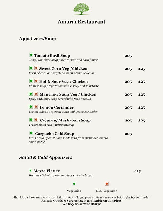 Ambrai Restaurant menu