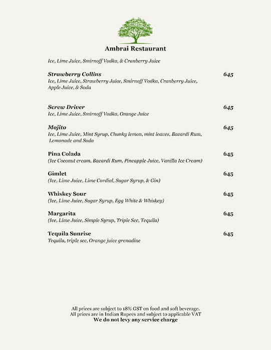 Ambrai Restaurant menu