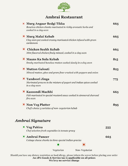Ambrai Restaurant menu