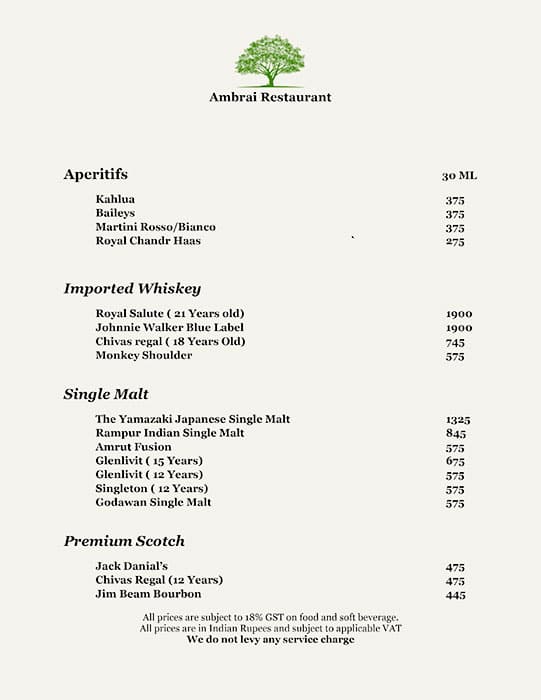 Ambrai Restaurant menu