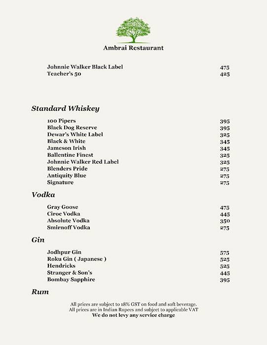 Ambrai Restaurant menu