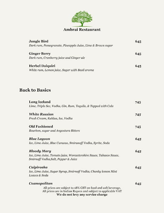 Ambrai Restaurant menu