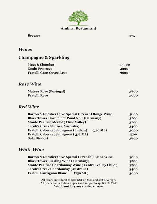 Ambrai Restaurant menu