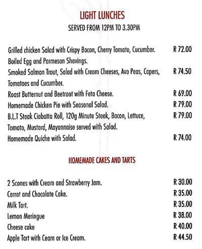 Menu at Chart Farm Roses and Coffee Shop restaurant, Cape Town