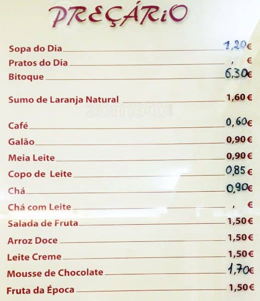 Pastelaria Menu Menu at Pastelaria Manon restaurant, Lisbon