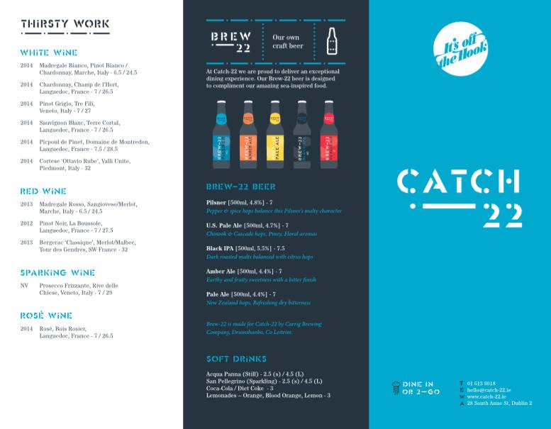 Menu at Catch22 restaurant, Dublin, 32 Clarendon St