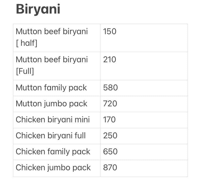 Hotel Firdous menu