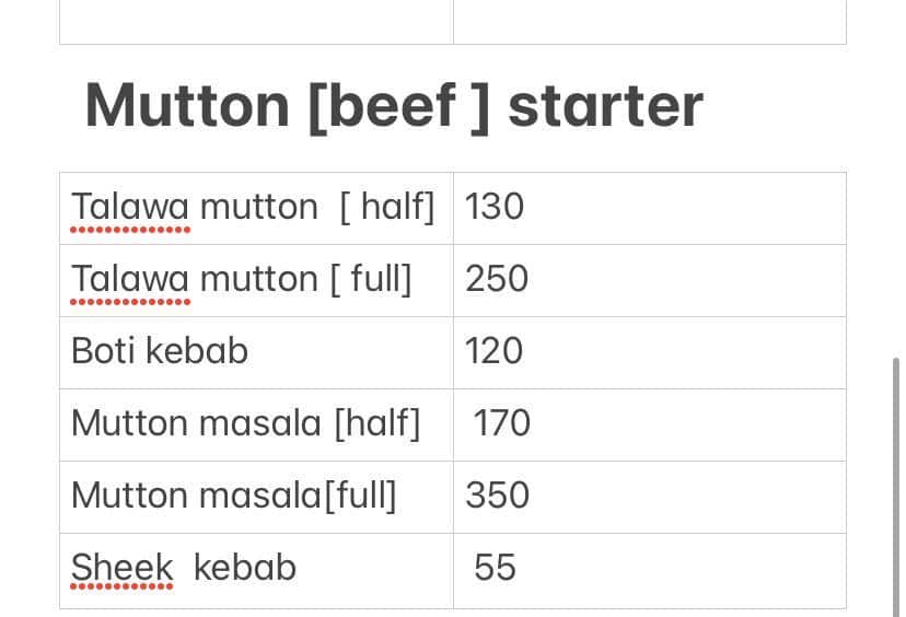 Hotel Firdous menu