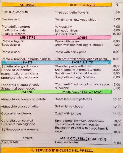 Menu di Grotte del Teatro di Pompeo 