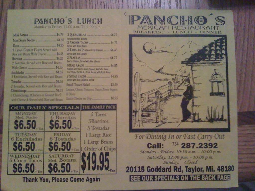 Pancho's Mexican Menu, Menu for Pancho's Mexican, Lincoln Park, Detroit