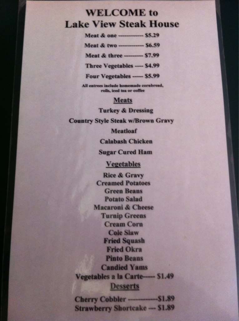 Menu at Lake View Steak House steakhouse, Greer