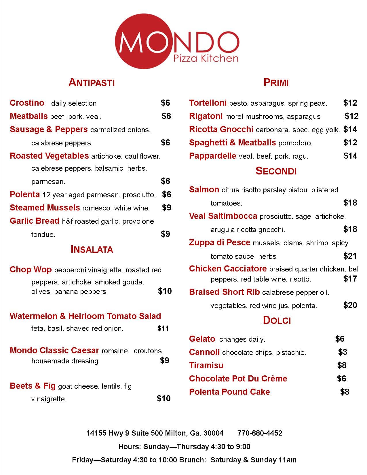 Mondo Pizza Kitchen Menu,Menú para Mondo Pizza Kitchen, Alpharetta