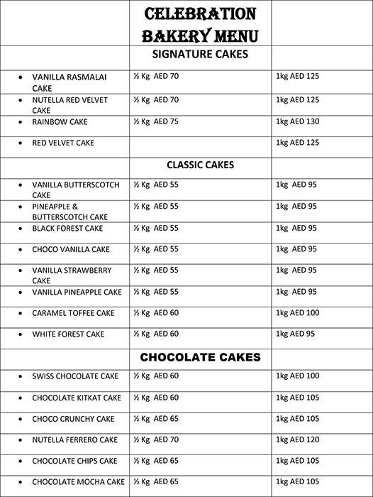 Menu at Celebration Bakery, Sharjah