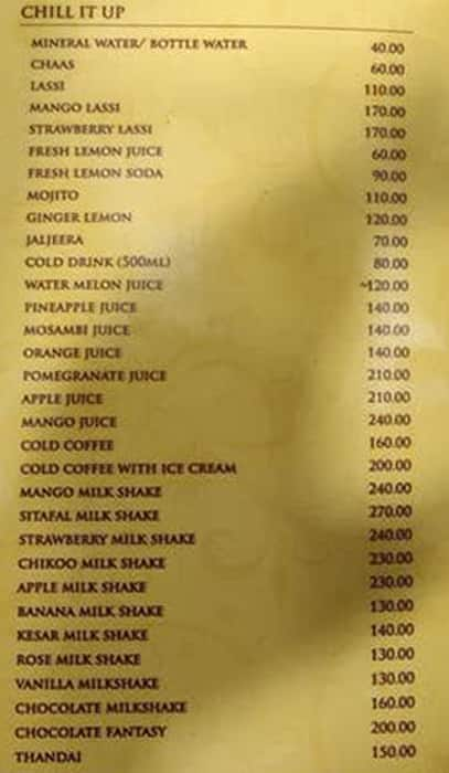 Menu of Govinda's, Chowpatty, Mumbai