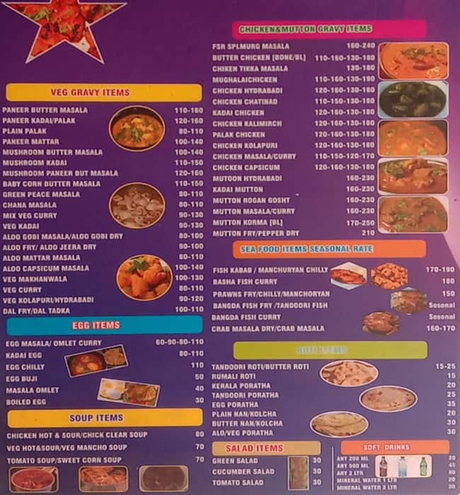 Menu of Food Star, Kammanahalli, Bangalore