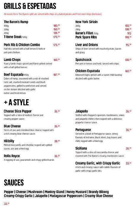 Baron Menu Menu at The Baron, Sandton, Main Road