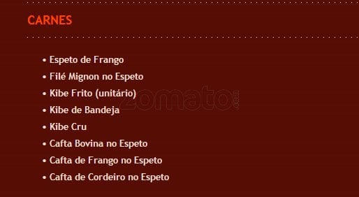 Restaurante Cedro do Líbano cardápio