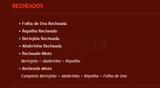 Restaurante Cedro do Líbano cardápio