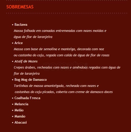 Restaurante Cedro do Líbano cardápio