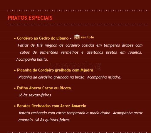 Restaurante Cedro do Líbano cardápio