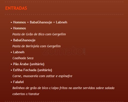 Restaurante Cedro do Líbano cardápio