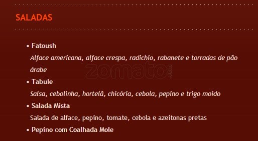 Restaurante Cedro do Líbano cardápio