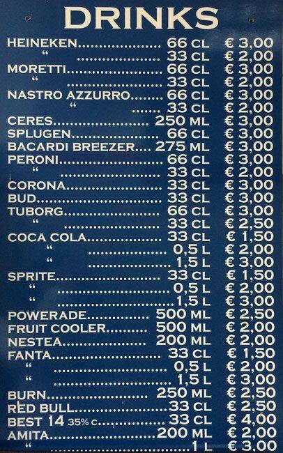 Menu di Caffè Cavour 