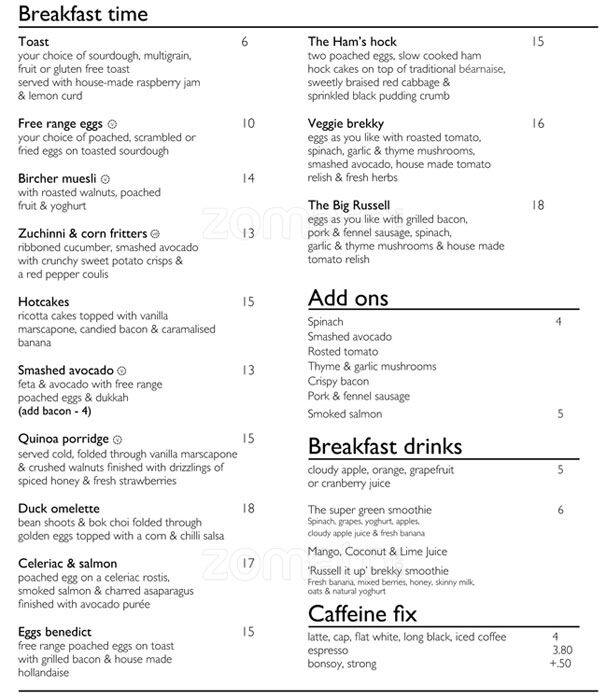 The Russell Menu, Menu for The Russell, Russell Street, CBD, Melbourne
