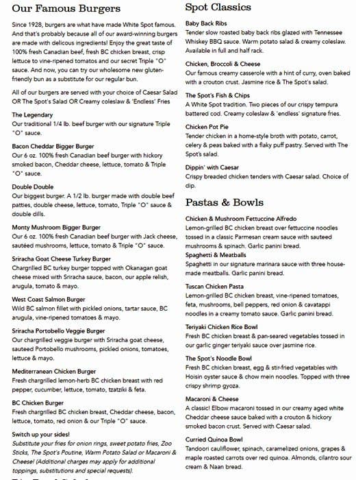 Menu de White Spot Tsawwassen