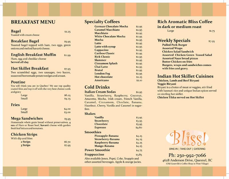 Bliss Menu, Menu for Bliss, Quesnel, Quesnel Urbanspoon/Zomato