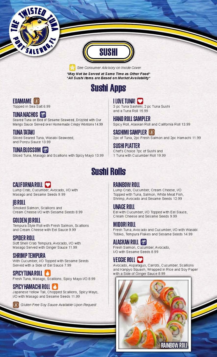 Menu at The Twisted Tuna restaurant, Stuart