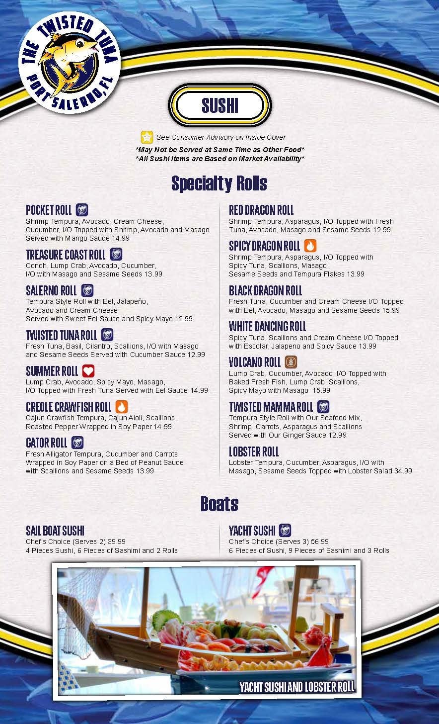 Menu at The Twisted Tuna restaurant, Stuart