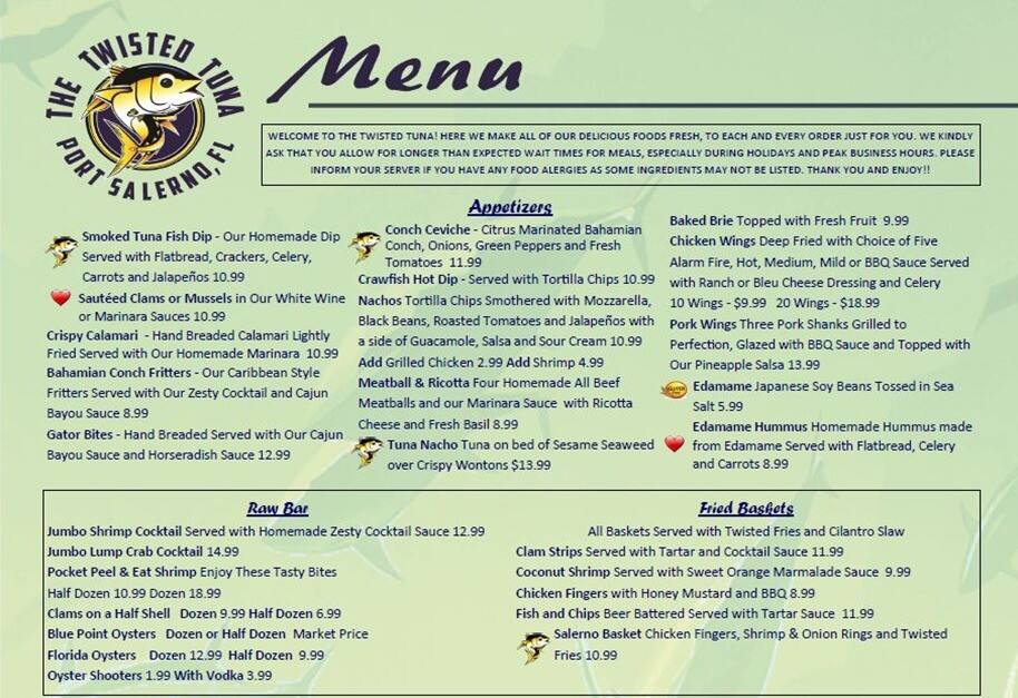 Menu at The Twisted Tuna restaurant, Stuart