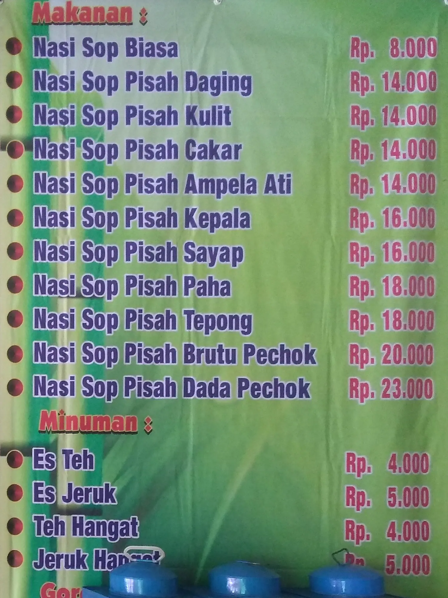 Sop Ayam Pak Min Klaten, Tebet Menu