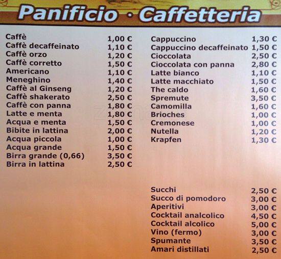 Menu de Panificio Danelli