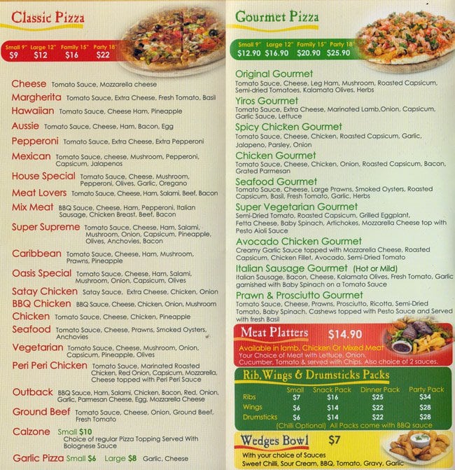 Carta de pizzería Oasis Pizza and Pasta, Adelaida, 2 South Road