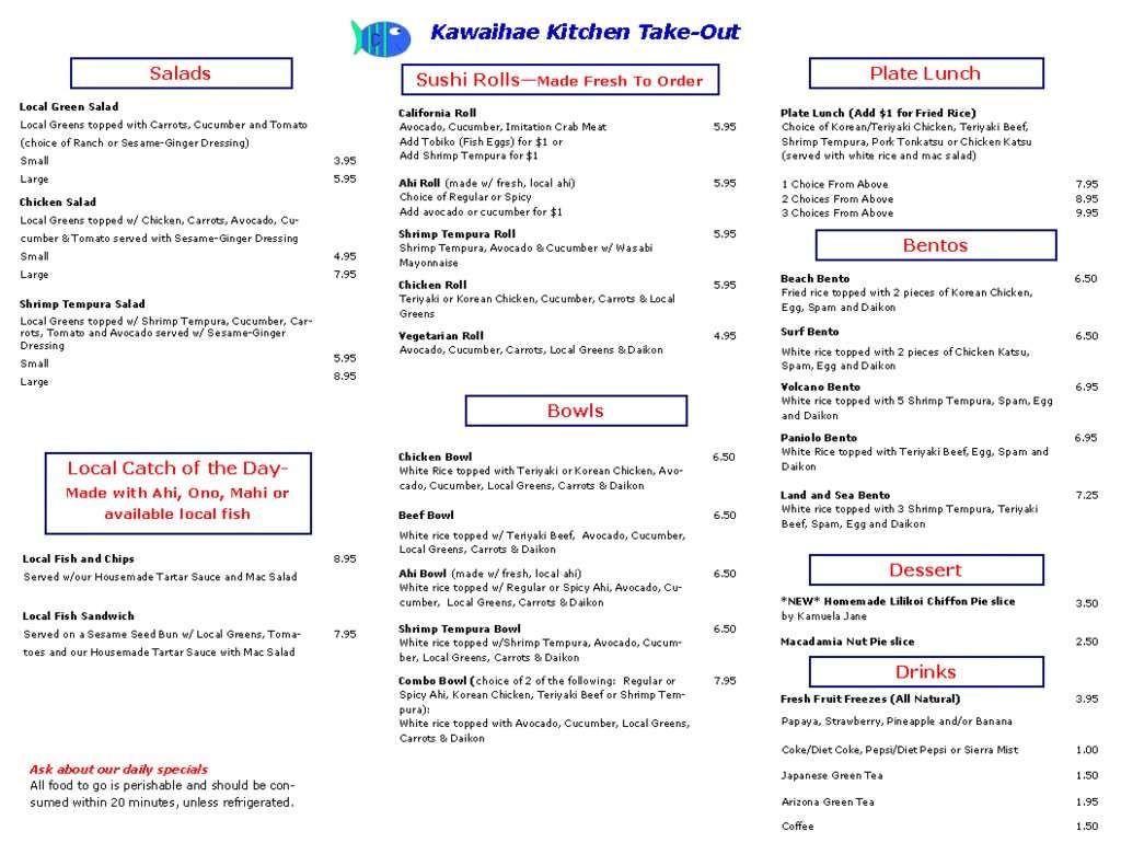 Menu at Kawaihae Kitchen restaurant, Kawaihae, Akoni Pule Hwy