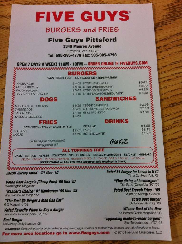 Carta de Five Guys