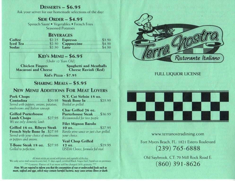 Terra Nostra Menu, Menu for Terra Nostra, Fort Myers Beach, Fort Myers