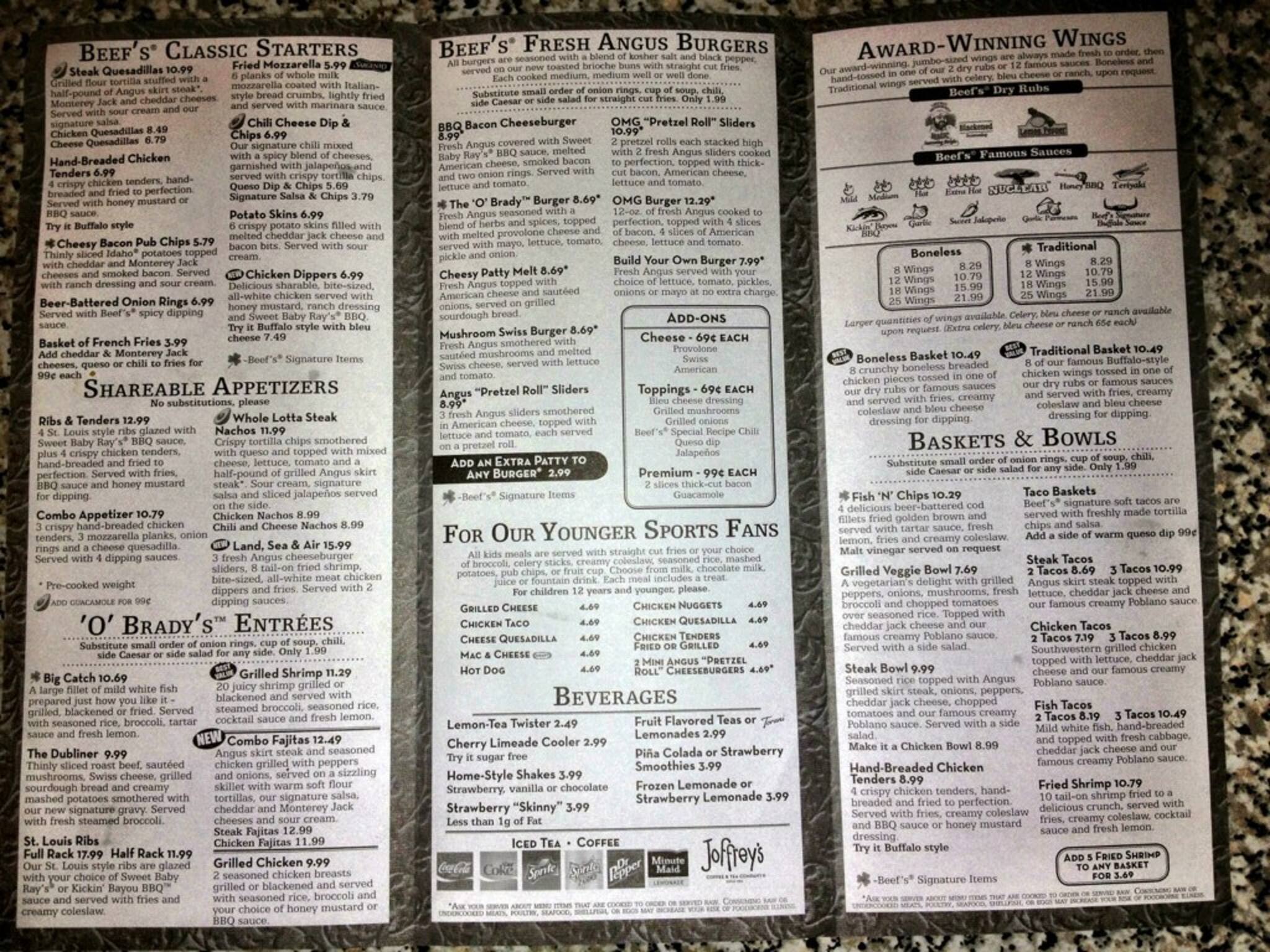 Beef O Brady s Printable Menu