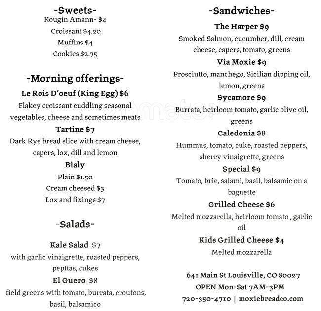 Moxie Bread Co Menu, Menu for Moxie Bread Co, Louisville, Denver