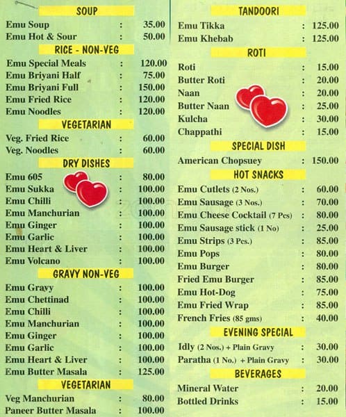 Emu Restaurant menu
