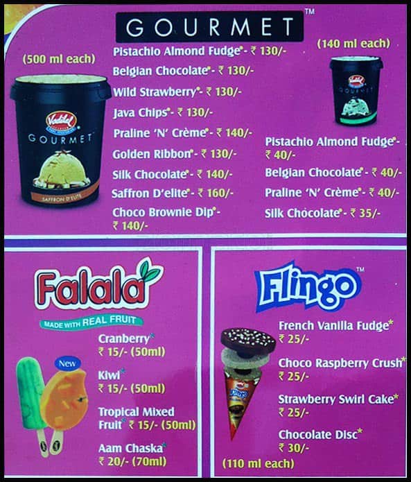 Maruti Ice Cream Parlour menu, Menu restauracji Maruti Ice Cream