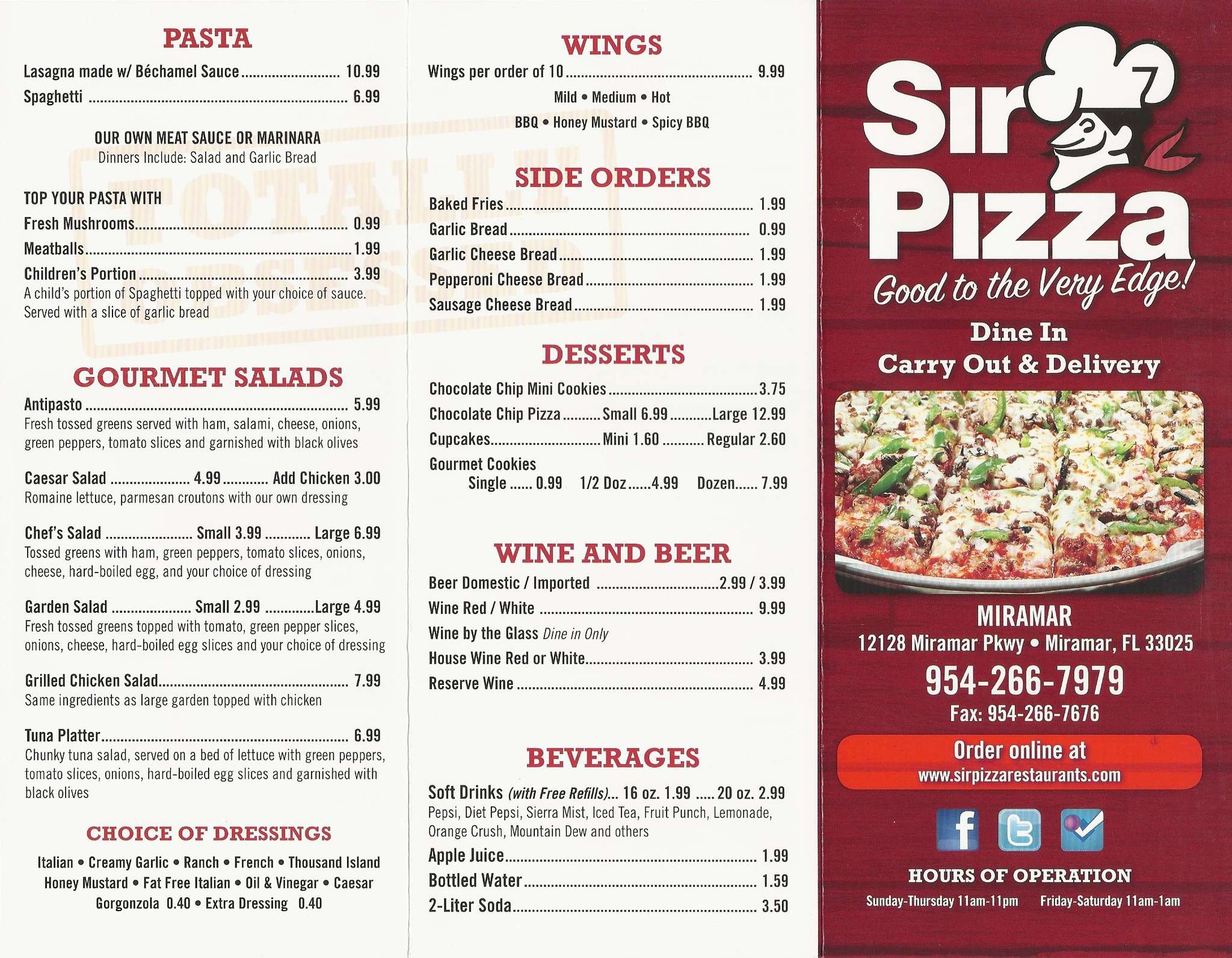 Sir Pizza menu, Menu restauracji Sir Pizza, Miramar, Miami Urbanspoon