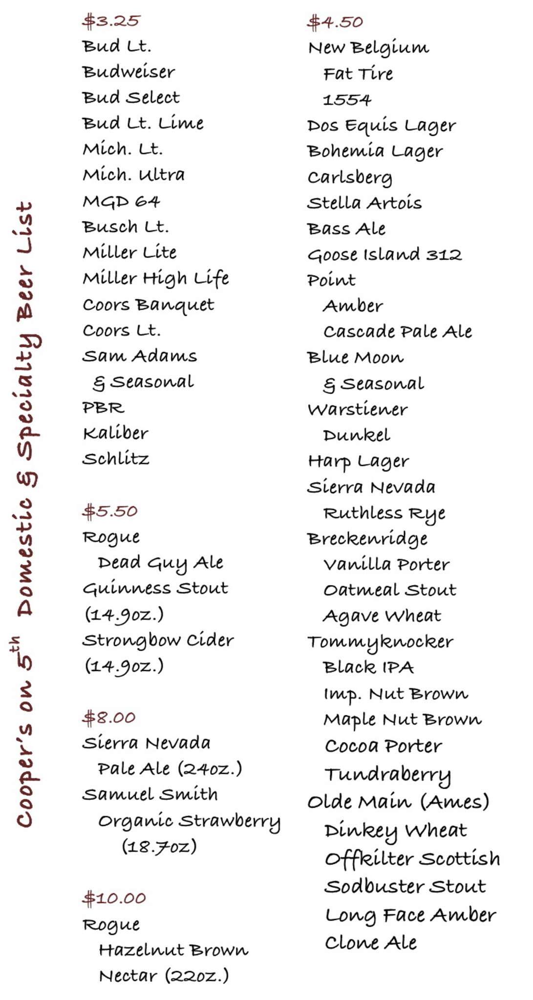 Menu at Cooper's on 5th pub & bar, West Des Moines